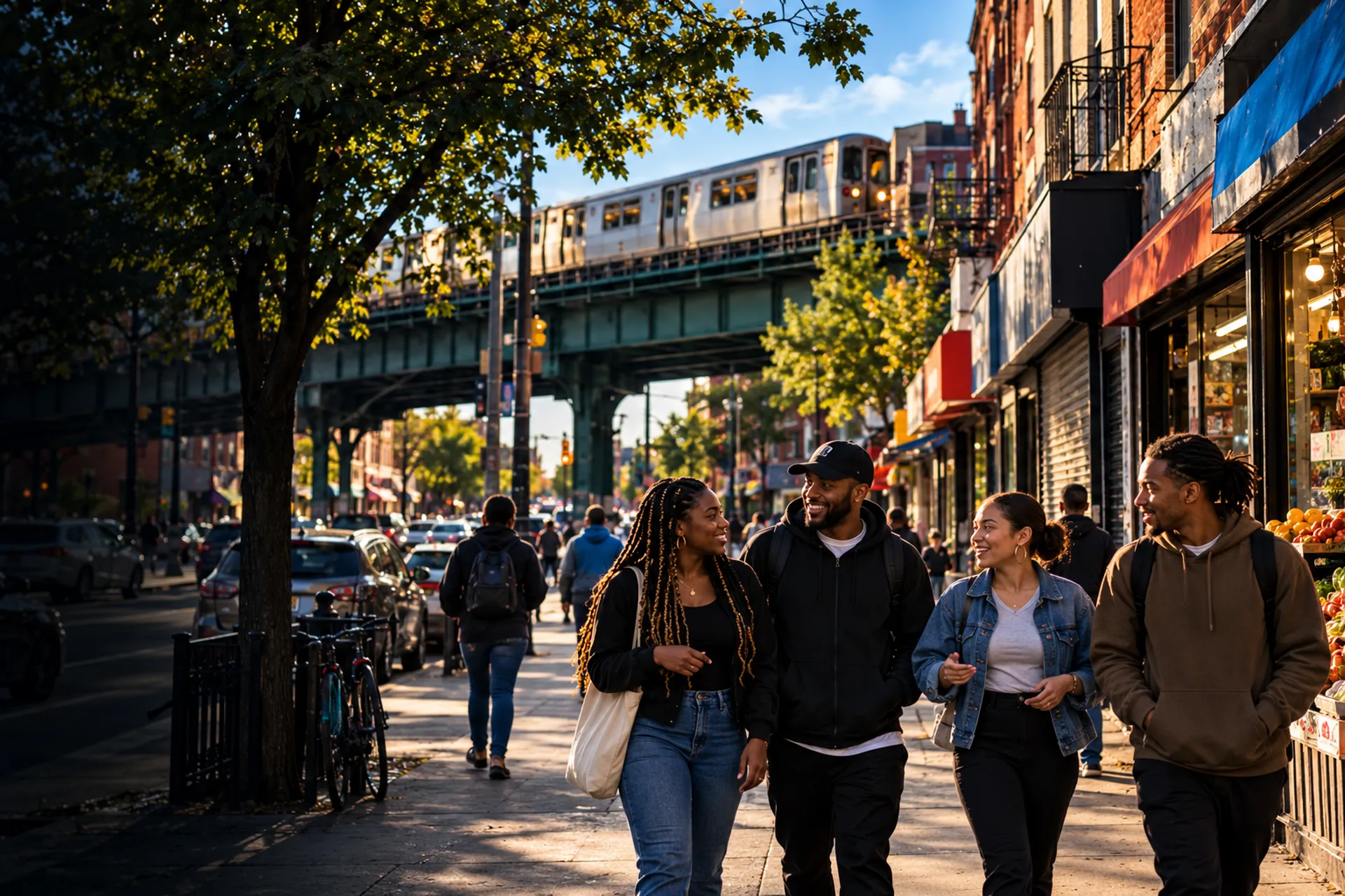 Neighbors walk along an East New York commercial block beneath an elevated train.
